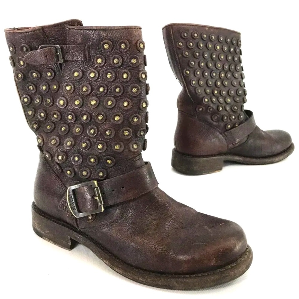 Frye Jenna Short Disc Biker Boots Dark Brown Distressed Leather Size 6